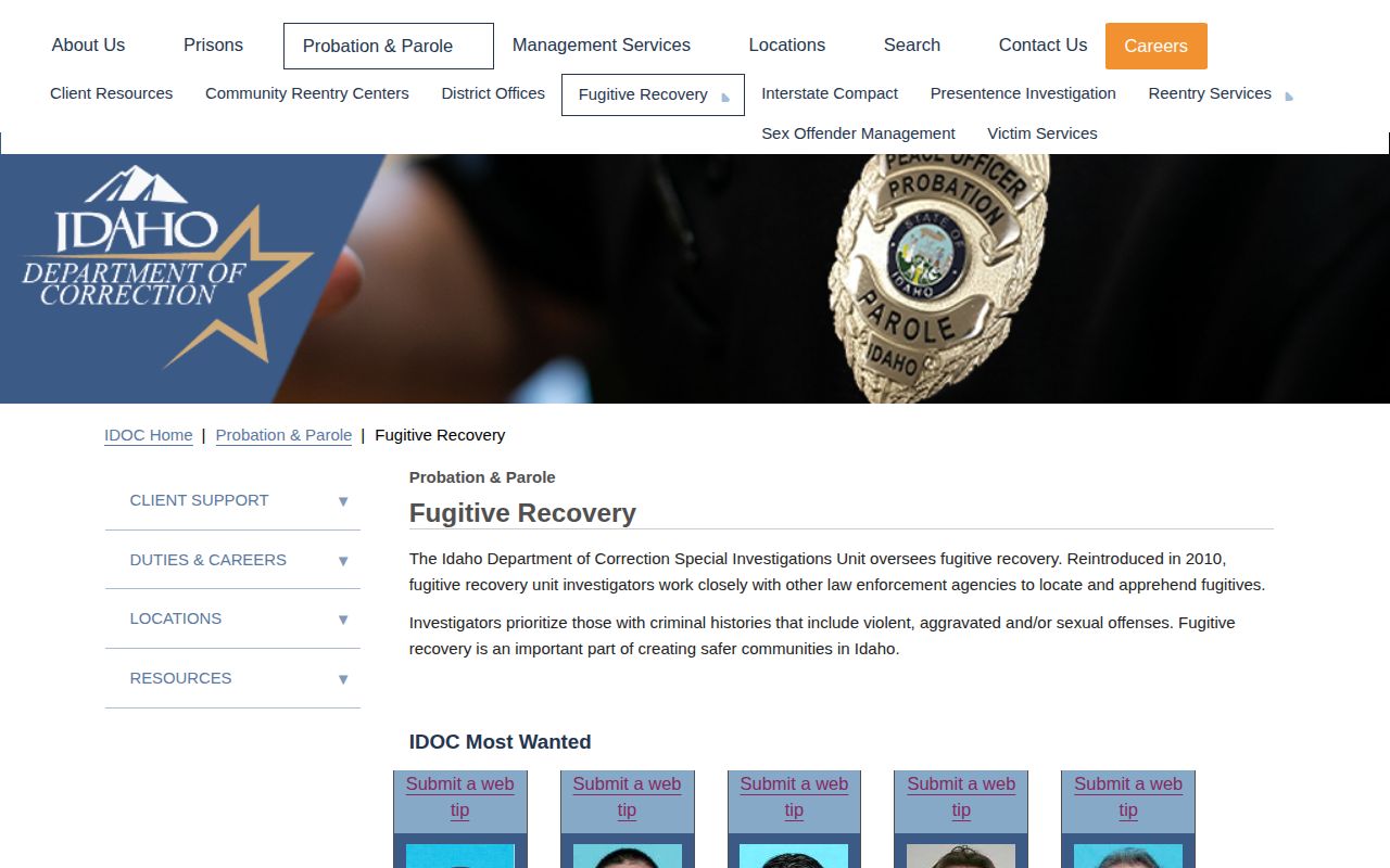 Clark County warrant research reference, Idaho Department of Correction fugitive recovery source interface