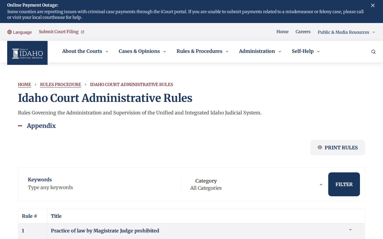 Clark County warrant access reference, Idaho Court Administrative Rule 32 source interface