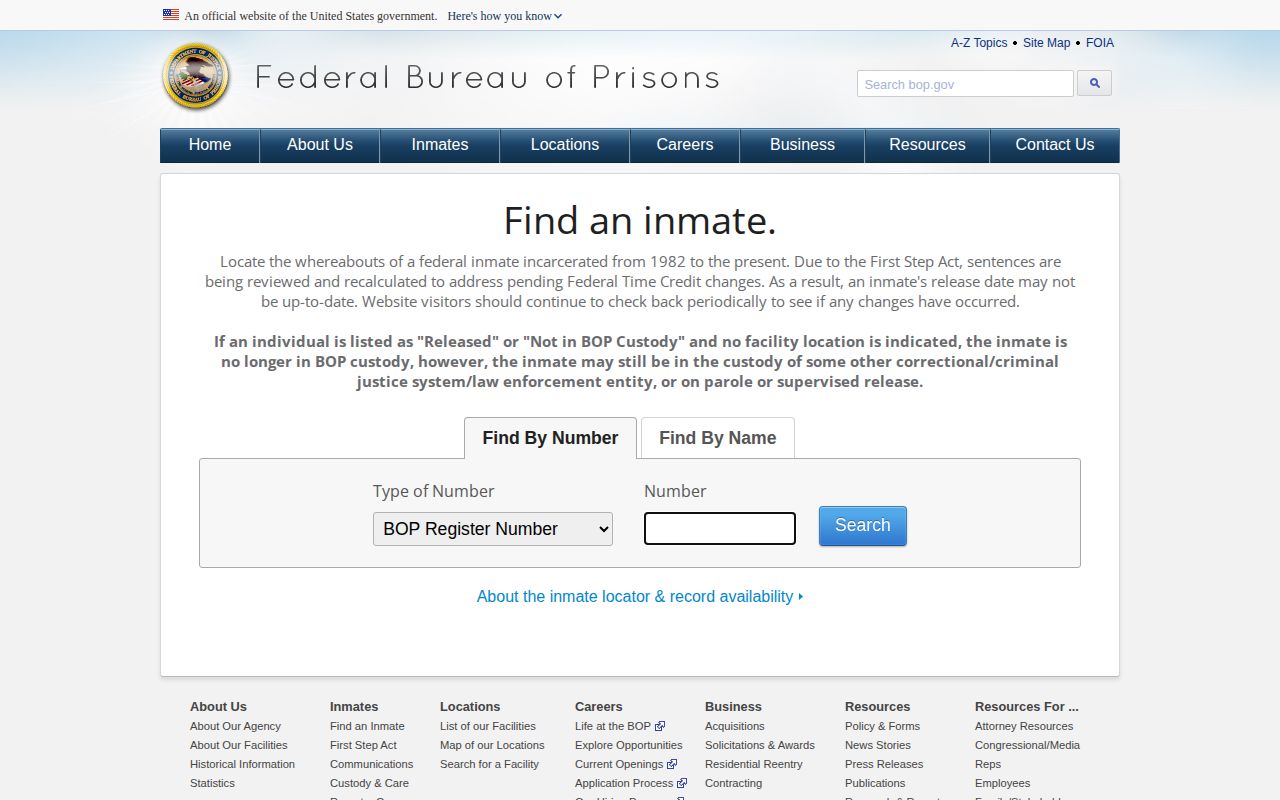 Clark County warrant research reference, Federal Bureau of Prisons inmate locator interface