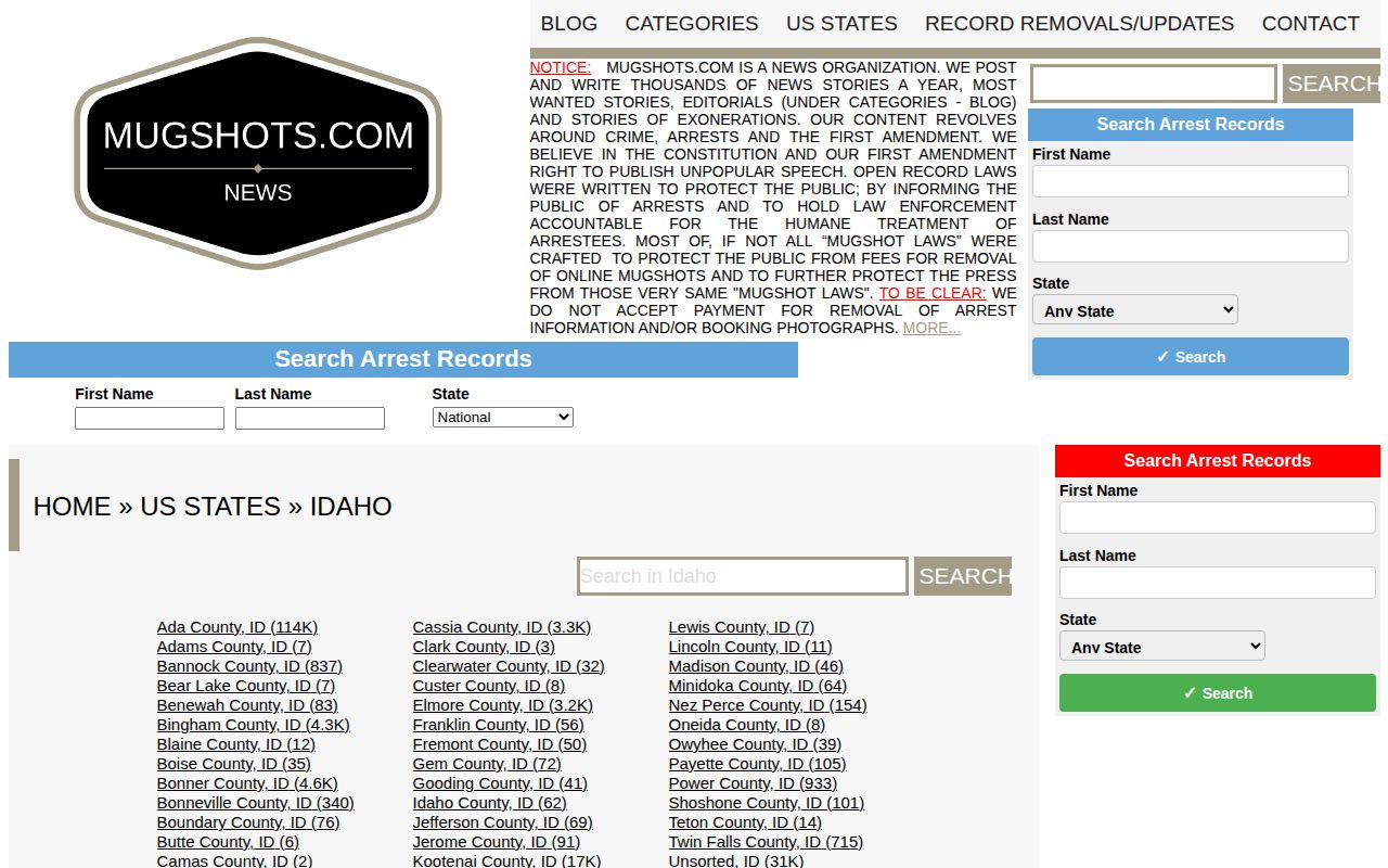 Mugshots.com Idaho third-party index reference for Clark County coverage