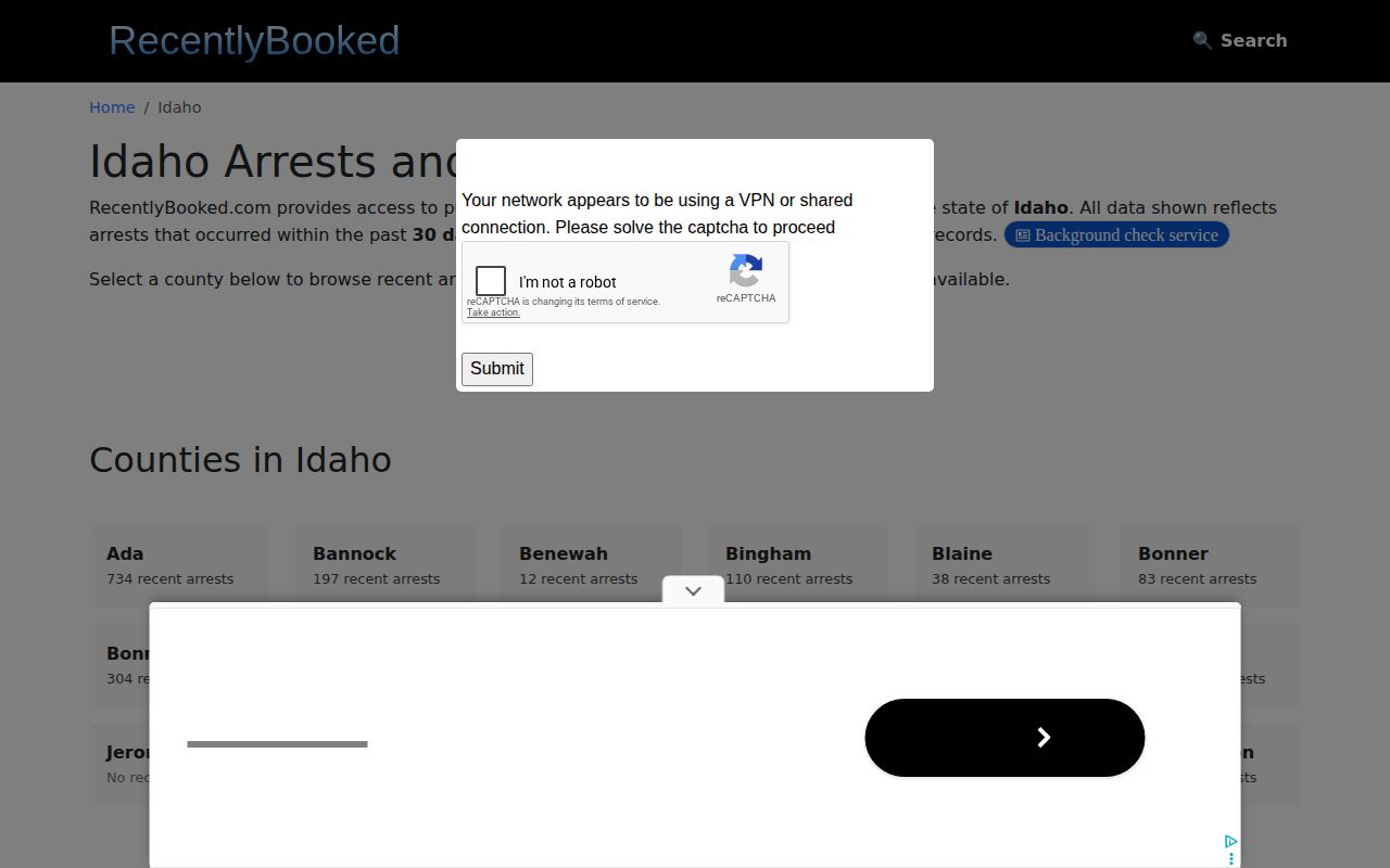 RecentlyBooked Idaho third-party index reference for selected county coverage