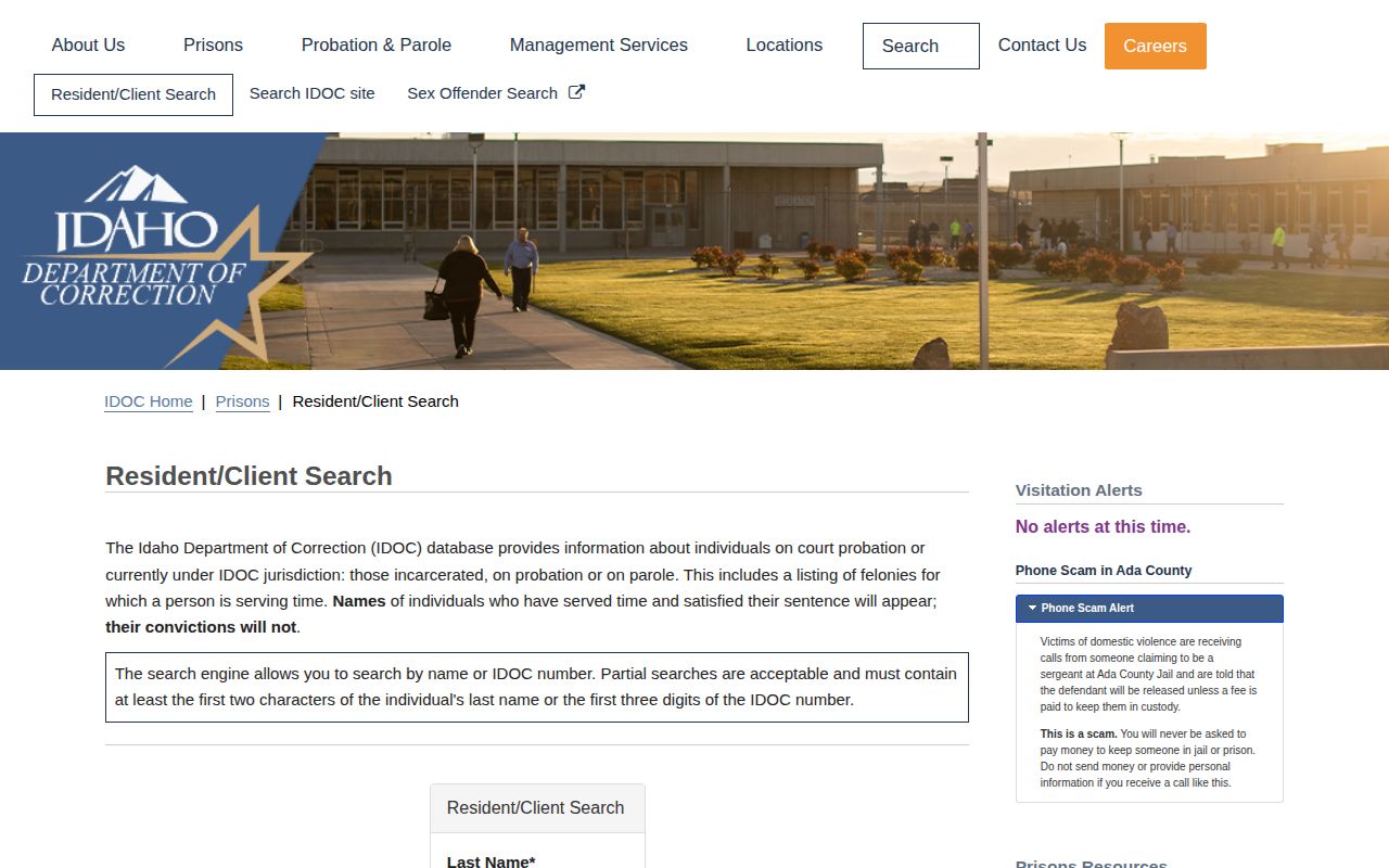 Idaho Department of Correction offender search for state custody records related to Clark County